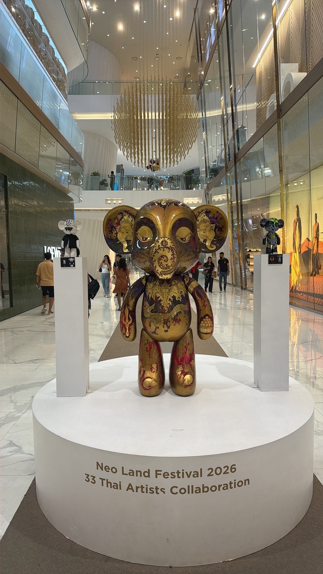 A richly patterned elephant sculpture displayed at Neo Land Festival 2026 in Bangkok